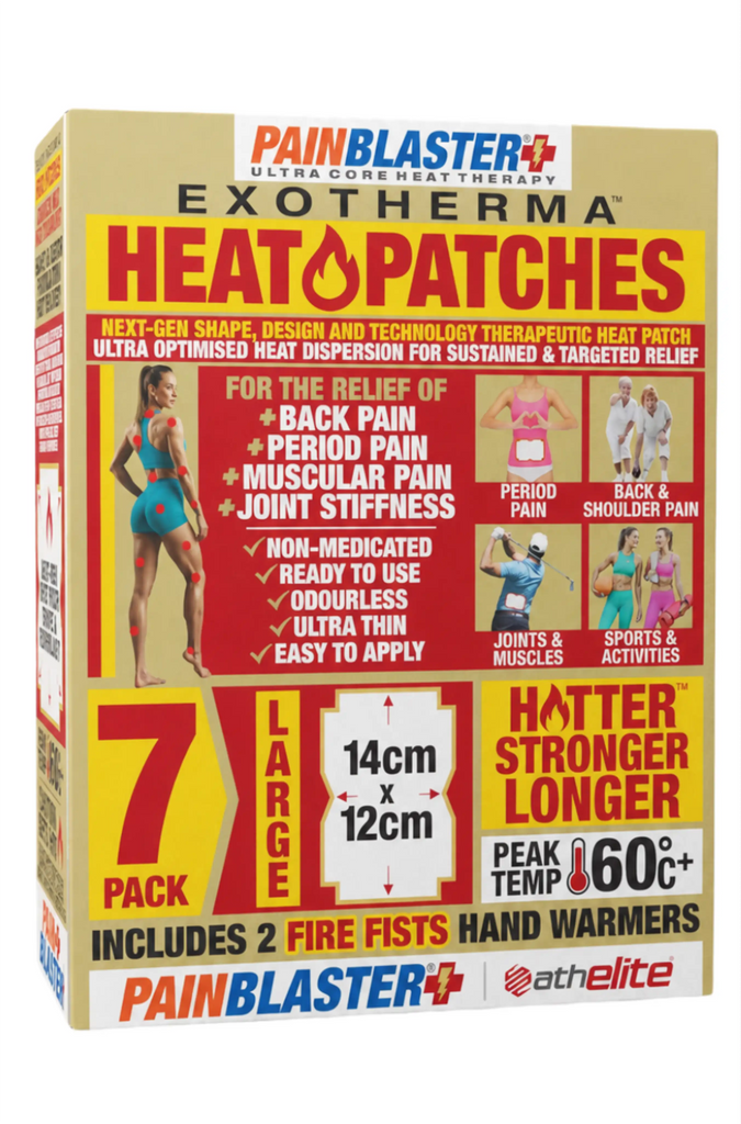 PAIN BLASTER EXOTHERMA HEAT PATCHES  LARGE (14cm x 12cm) - 7 PACK INCLUDES - 2 FIRE FISTS HAND WARMERS