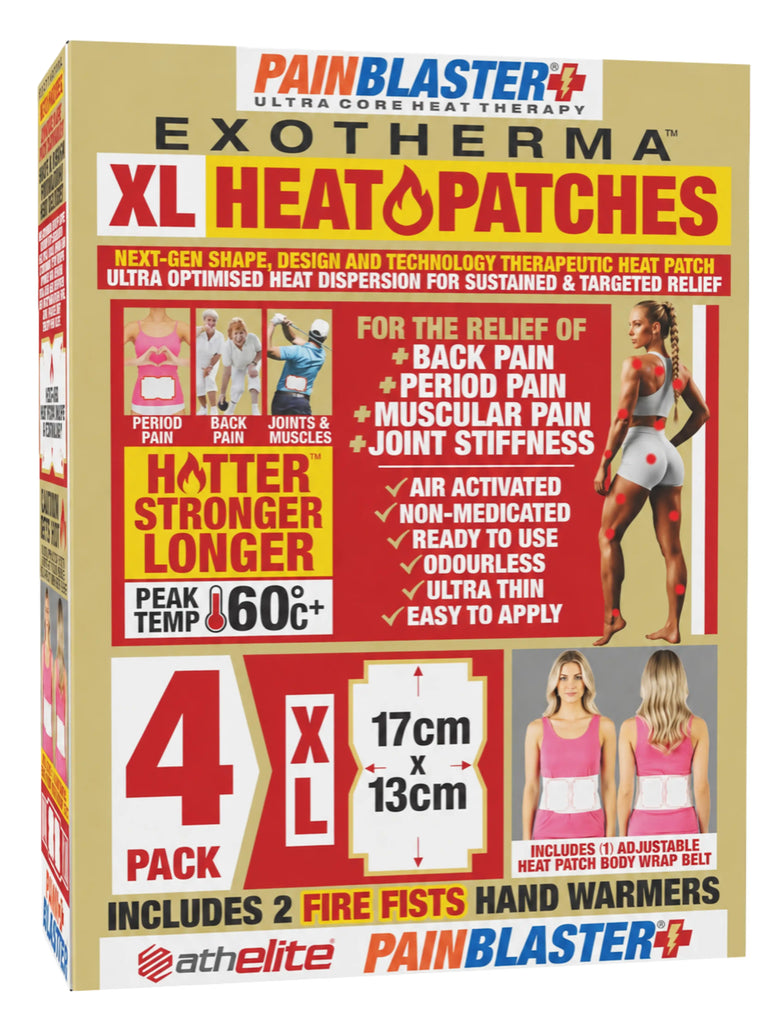 PAIN BLASTER EXOTHERMA HEAT PATCHES  X-LARGE (17cm x 13cm) - 4 PACK INCLUDES - 1 x HEAT PATCH BODY WRAP BELT  & 2 FIRE FISTS HAND WARMERS